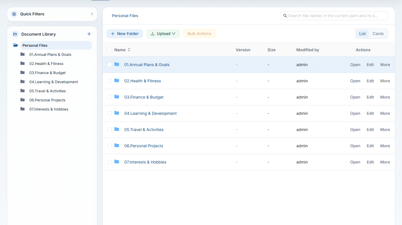 ProjectCenter+ file library screen